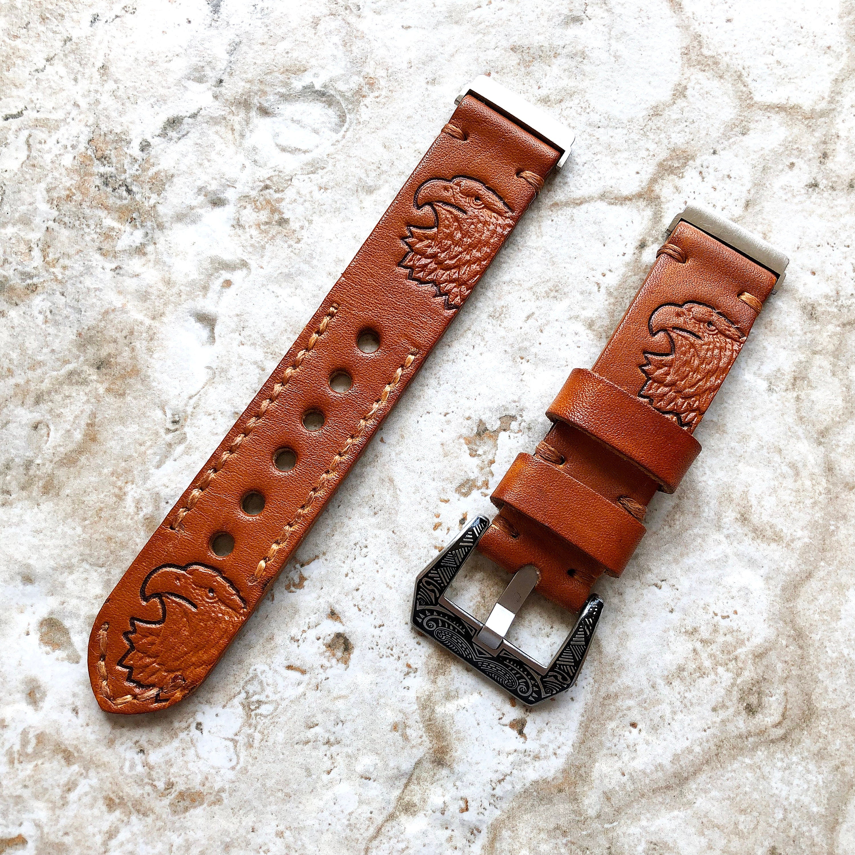 Band for Fitbit Versa 2 3 4 Sense 2 Eagle Head Tooled Embossed Brown Leather Strap Watch Bracelet Engraved Silver Rose Gold Black Finish